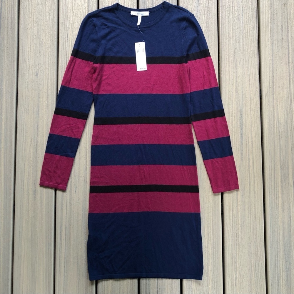 NWT BCBGeneration Navy & Burgundy Striped Fine Gage Knit Dress Sheath Size M